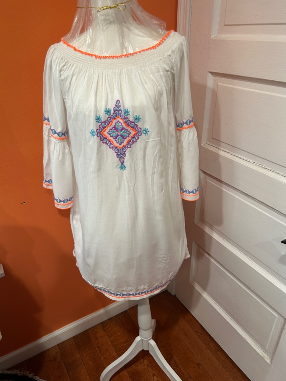 Primark White Off-Shoulder Mini Dress with Orange Trim & Multicolor Embroidery